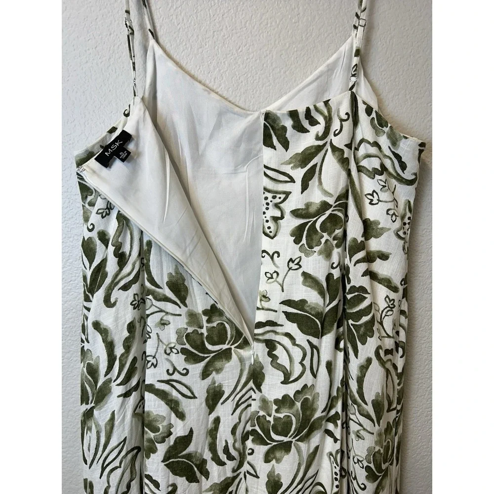 MSK Floral Linen Blend Maxi Dress XL Green White Boho Sleeveless Resort Lined‎